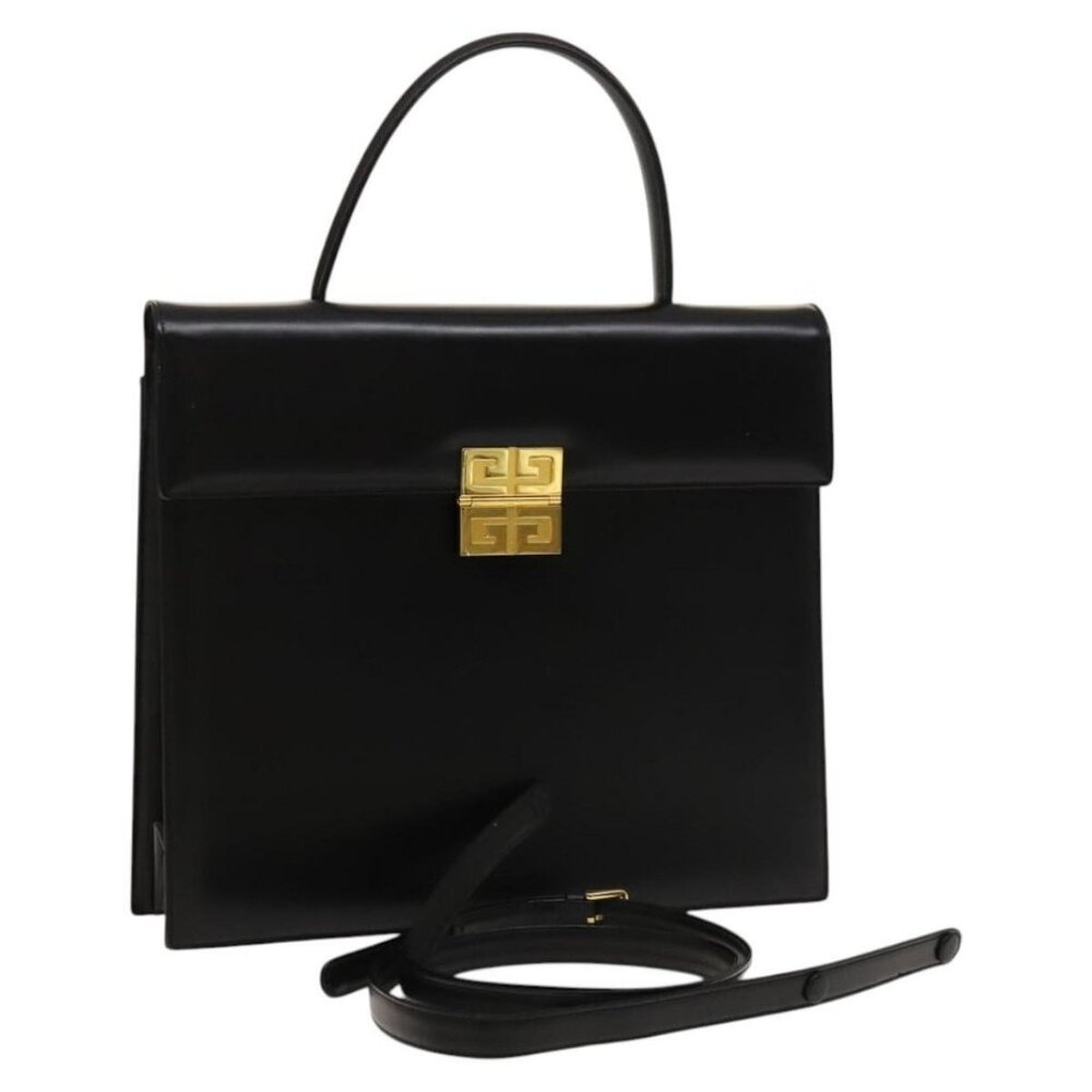 GIVENCHY Hand Bag Leather 2way Black Gold Auth 121947